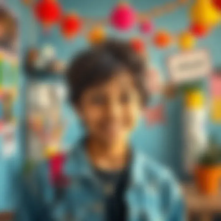 A 14-year-old Imas influencer smiling at the camera with colorful background and creative props.