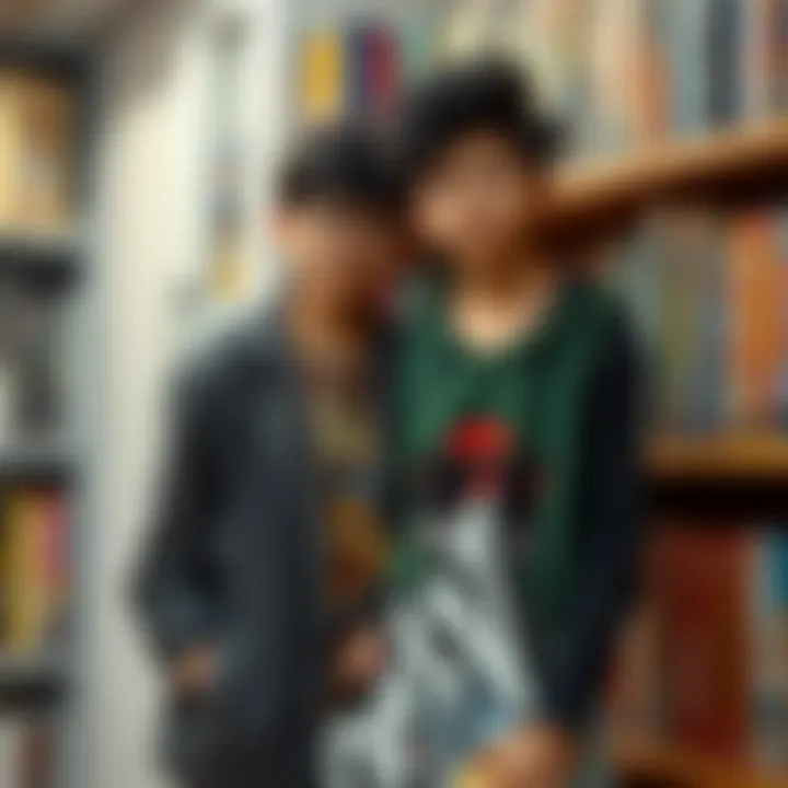 A proud 17-year-old stands next to his organized manga collection on a shelf, showing off his favorite volumes.