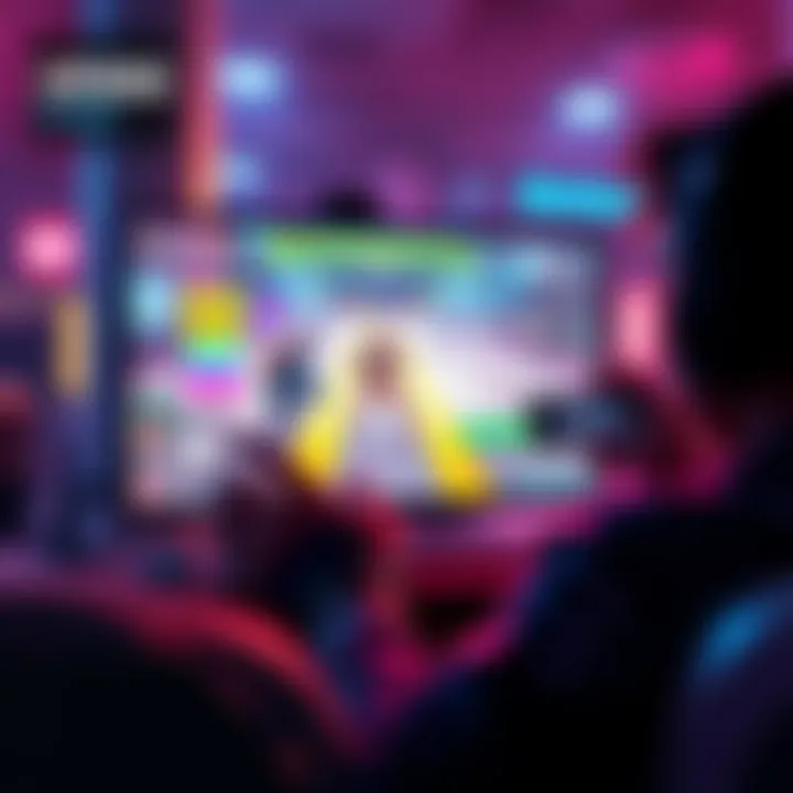 A gamer intensely focused on a screen displaying a 1 Hp challenge in a vibrant game environment.