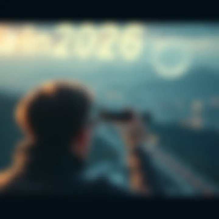 A person looking ahead with a telescope as new opportunities and changes loom in the background.