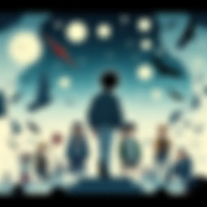 Art showing characters from 20th Century Boys surrounded by symbols of hope and despair, reflecting pop culture influences from the 20th century.