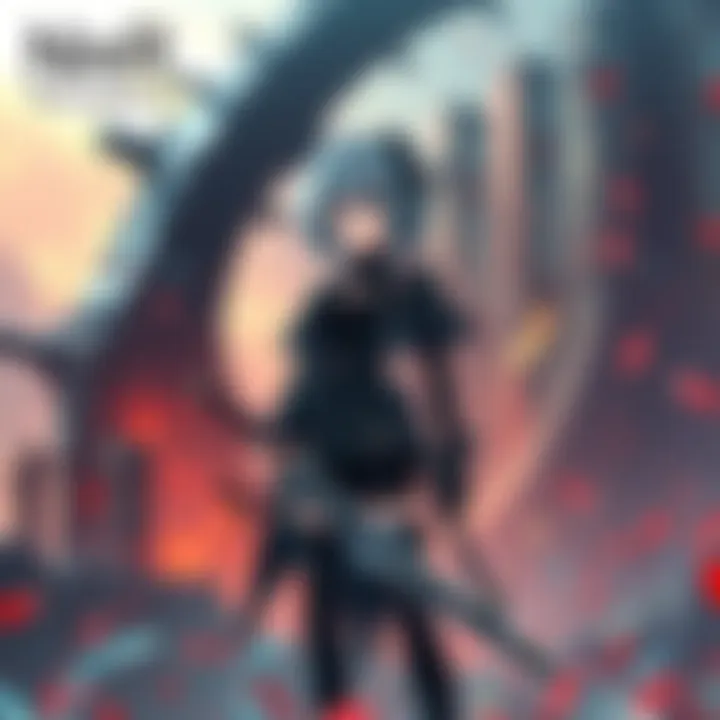 Character 2B stands ready for battle in NieR: Reincarnation, dressed in her signature black outfit and holding a sword, with a vibrant game background.