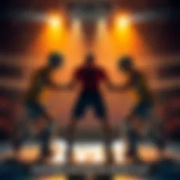 Two against one in a match A competitive scene showing two players teaming up against one player in a sport setting