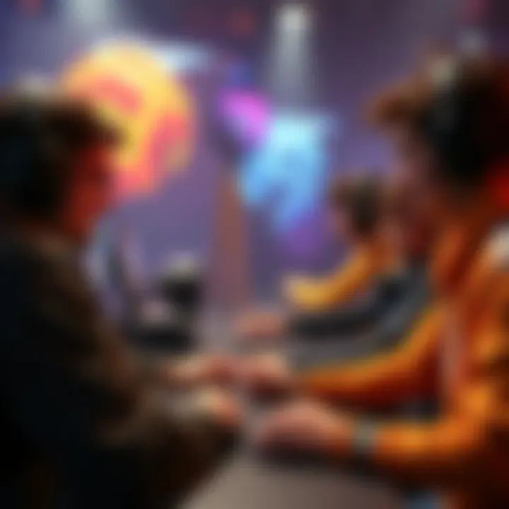 A group of four gamers strategizing together in a virtual game environment, communicating and using strong builds to achieve their goals.