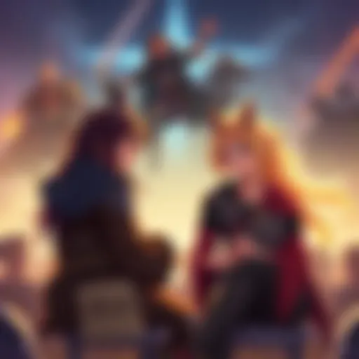 Fans engaging in a discussion about the characters Lance and Worreldane from 4koa, with artwork from the series in the background.