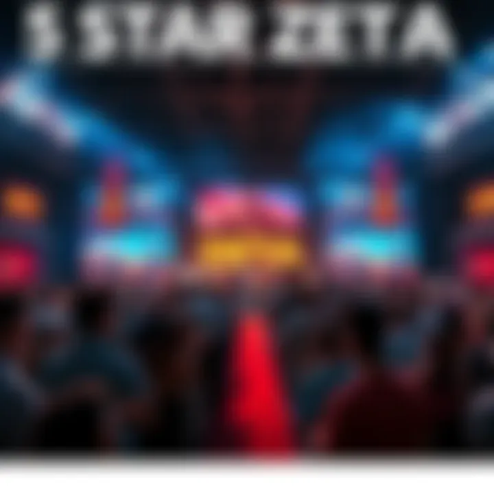 A crowded launch event showcasing 5 Star Zeta with excited people and promotional banners.