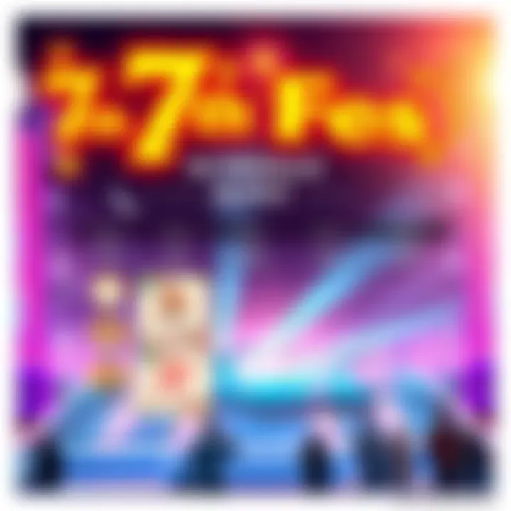 A colorful graphic displaying the 7th Fes schedule with timings for four stages, adjusted to Pacific Standard Time, featuring festive designs and event icons.