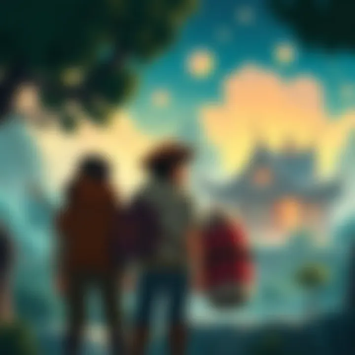 Two travelers in a vibrant world, looking disappointed as they watch their cozy home transform into a traditional fantasy setting