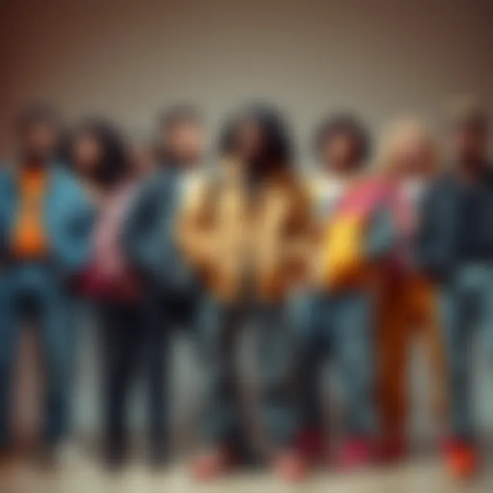 A group of diverse people wearing iconic 90's clothing, like baggy jeans and colorful jackets, showing confidence and boldness.