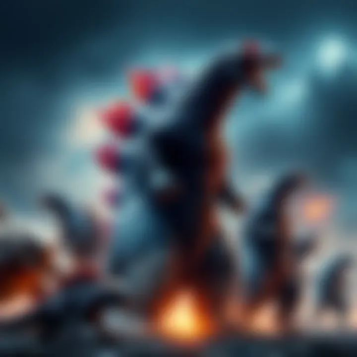 A powerful 90s Godzilla monster stands among other iconic creatures, showcasing their sizes and strengths in a dramatic scene.
