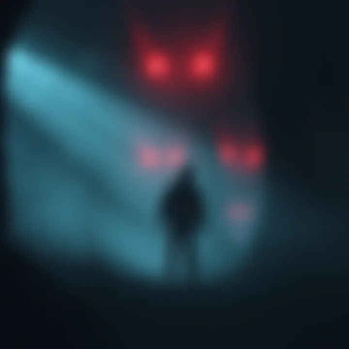 A character named D stands in a dark foggy realm, surrounded by shadows and eerie lights, suggesting a mysterious atmosphere in Dead by Daylight.