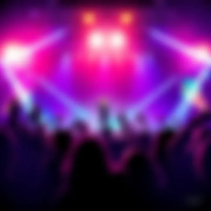 A vibrant poster featuring IWyS performing live on stage with colorful lights and excited fans in the audience
