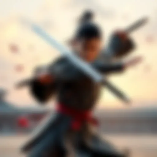 Ito practicing his sword techniques in a dynamic pose, showcasing his unique style