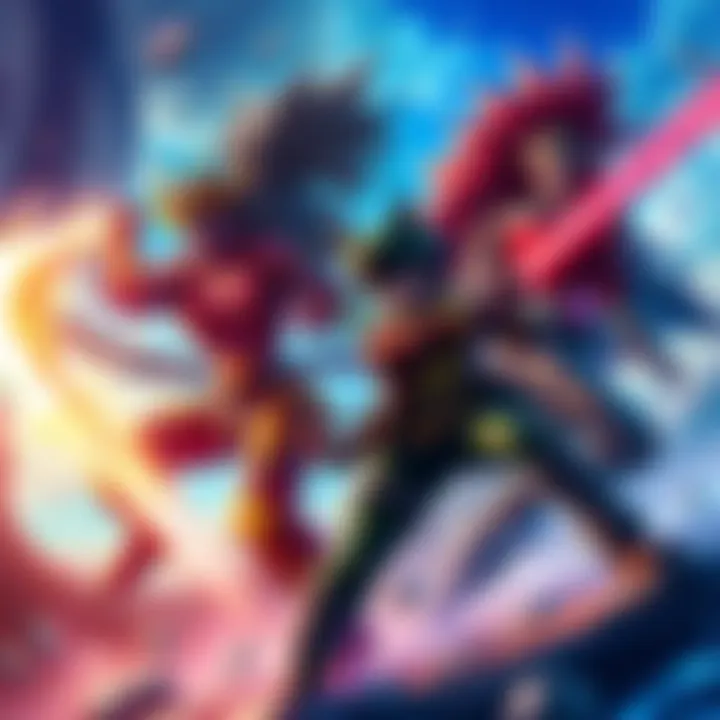 JoJo battles vibrant characters in a colorful landscape, showcasing their unique powers and strength.