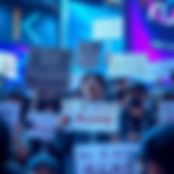 A protest scene with fans holding signs expressing disappointment in KLab's actions, showing frustration and demand for transparency.