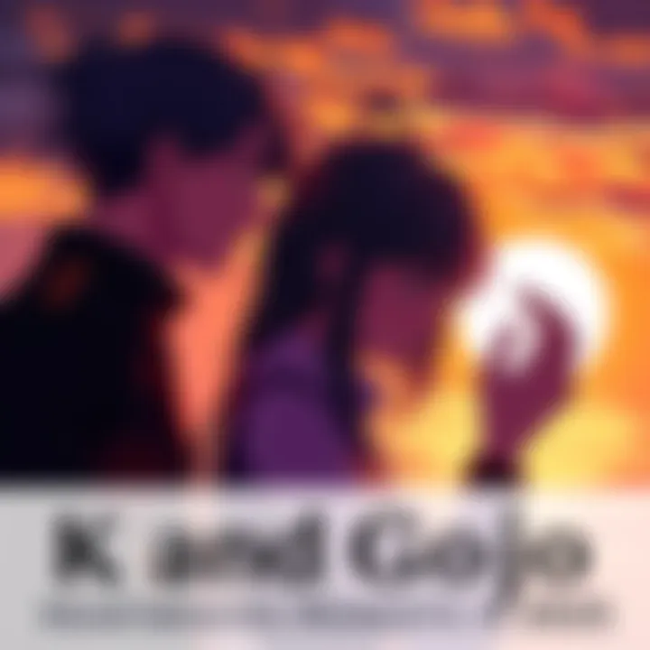 K and Gojo share a heartfelt gaze, showing their deep emotional connection amidst a backdrop of a sunset.