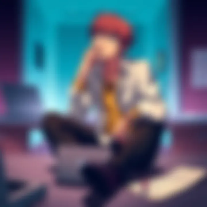 L from Death Note sitting in a casual pose, deep in thought about a case, with papers and a laptop in front of him, representing his detective and academic skills.
