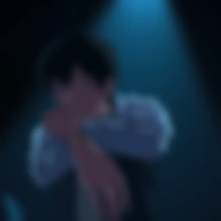 L looks disappointed as he observes Light caring for Misa, showing signs of jealousy and complex emotions, with a dark background reflecting tension.