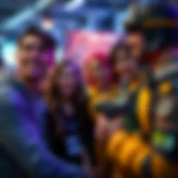 Popular UA students and pro heroes react joyfully to their action figures at an event