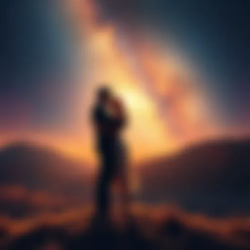 A couple stands on a hillside under a starry sky, sharing a passionate kiss while shadows of betrayal loom nearby.