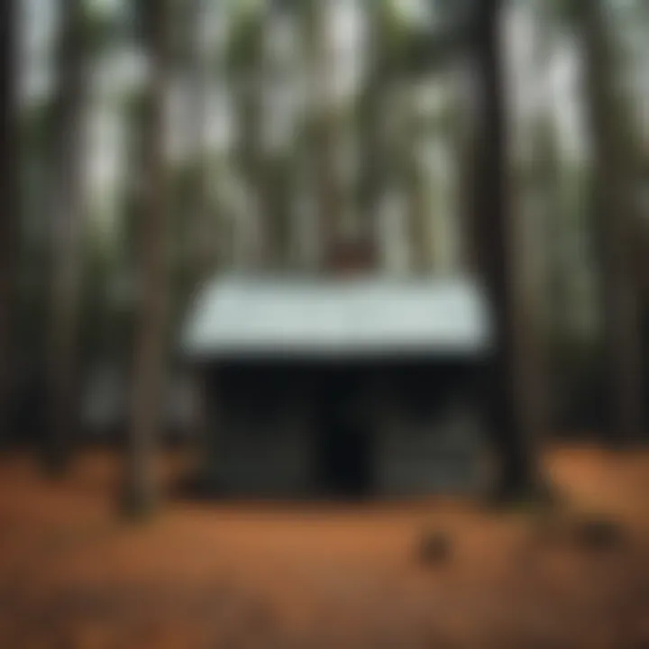 An old, weathered cabin surrounded by tall trees, with its door slightly ajar, inviting exploration inside.