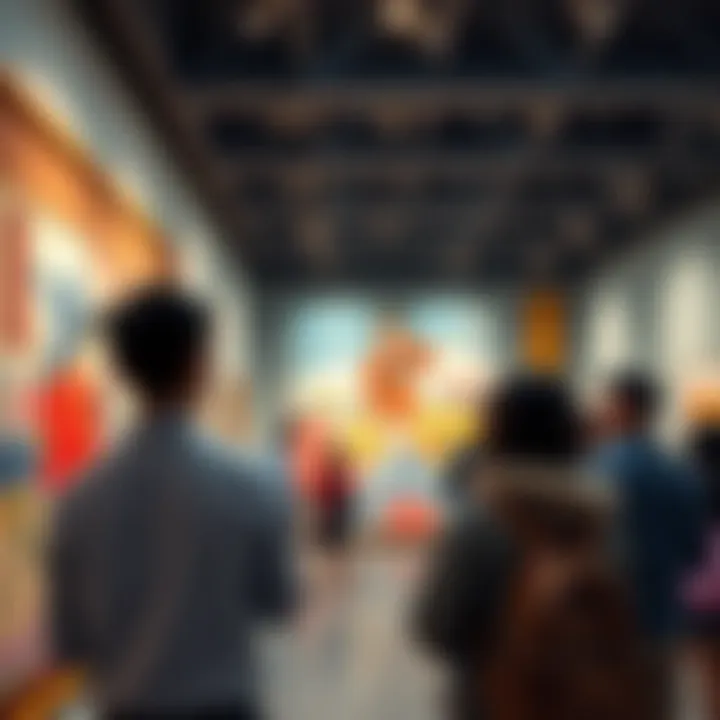 Visitors admiring Abe Yoshitoshi's colorful paintings at the exhibition