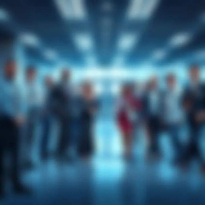A diverse group of professionals in different attire without uniforms, showcasing various roles and identities in a workplace setting