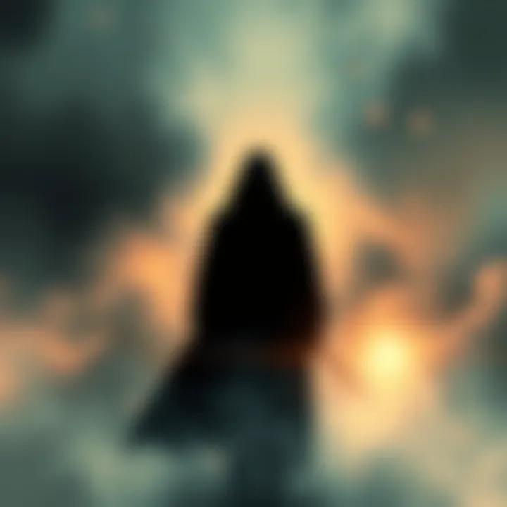 A shadowy figure representing a strong character missing from the story, blending into a foggy background that symbolizes mystery in the narrative.