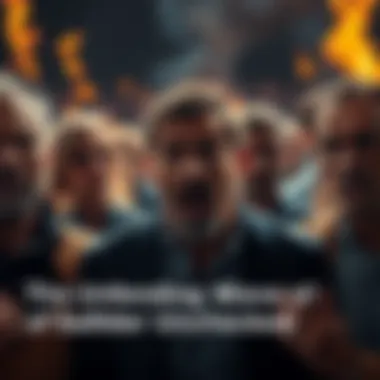 Accusations and Discontent A group of people engaged in heated discussions, showing expressions of anger and confusion, symbolizing the impact of slander on society.