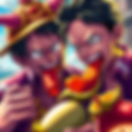 Ace and Luffy are eagerly biting into colorful devil fruits, their expressions showing excitement and determination. The scene captures the moment of their impulsive decision driven by hunger.