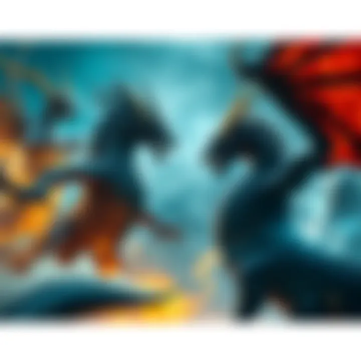 Acnologia, a dragon with dark scales, confronts multiple Dragon Gods, glowing and majestic, in an intense showdown. Power surges around them as they prepare for combat.