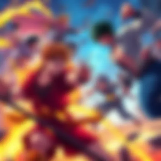 Energetic scene showing anime characters engaged in intense combat with dynamic poses and vibrant colors.