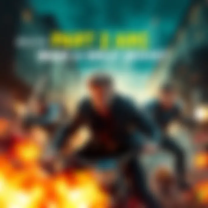 Action scene from a thrilling movie A group of brave characters face intense challenges in a dramatic setting, showcasing excitement and determination.