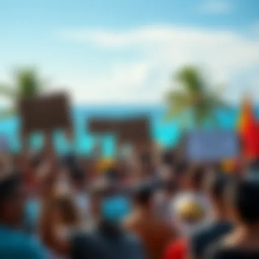 A crowd of activists holding signs demanding action for new victims in the Maldives, with a backdrop of the ocean and palm trees.