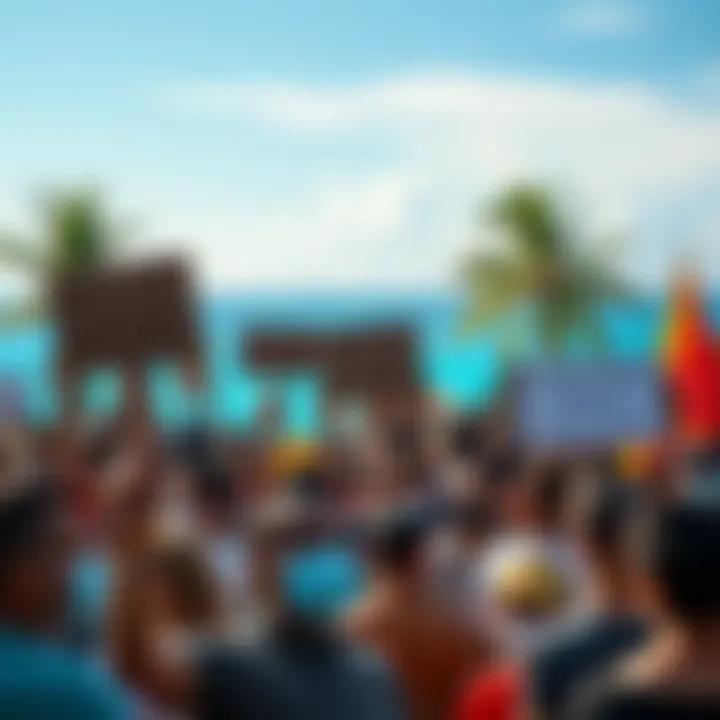 A crowd of activists holding signs demanding action for new victims in the Maldives, with a backdrop of the ocean and palm trees.