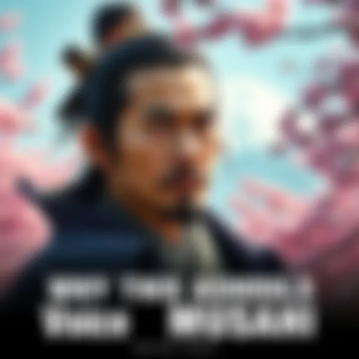 An actor with a focused expression, resembling a historic samurai, surrounded by a serene landscape with cherry blossom trees.