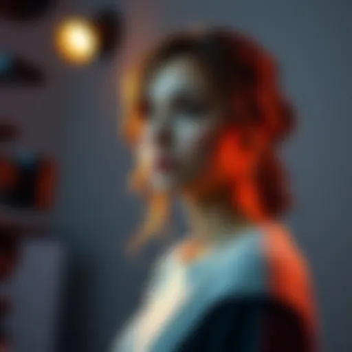 An actress in a dramatic pose, reflecting on her character techniques during a rehearsal