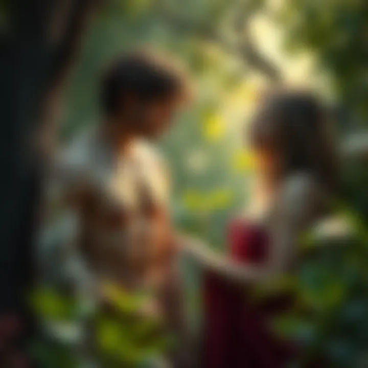 Drawing of Adam and Eve Artistic representation of Adam and Eve in a lush garden setting, highlighting their interaction and expressions.