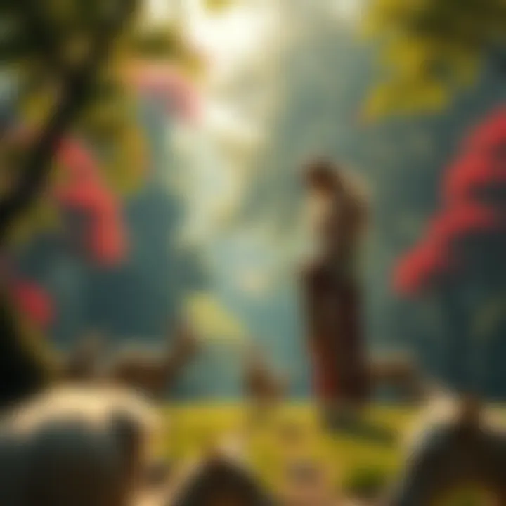 Adam and Eve standing together in a lush Garden of Eden, surrounded by vibrant trees and gentle animals, pondering their existence and potential as demigods.