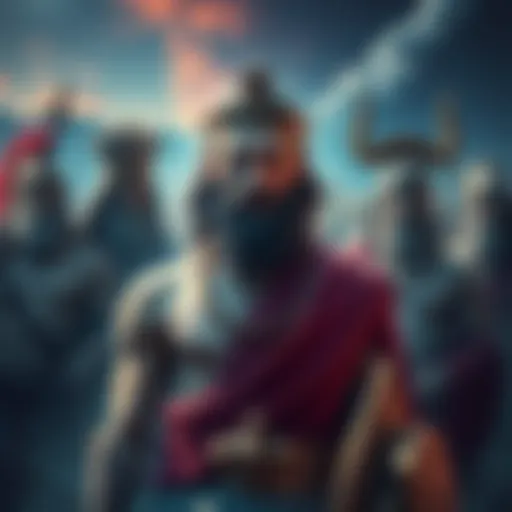 Adamas Among Greek Gods A depiction of Adamas standing out among other Greek gods, showcasing his unique features and attire, set against a mythical backdrop.