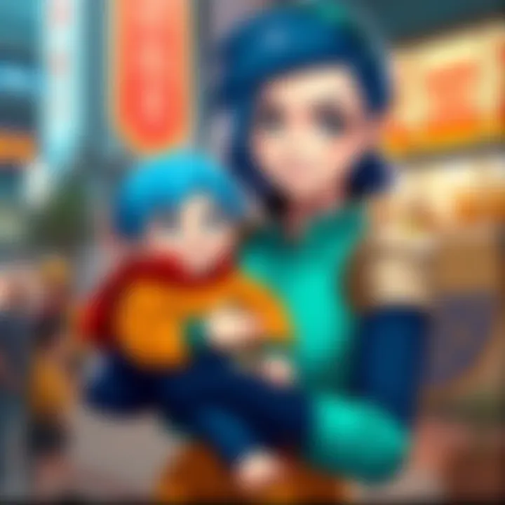 Adella in Bulma Cosplay with Baby Trunks Adella dressed as Bulma holds her baby son dressed as Trunks, both smiling at the camera