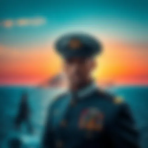 A dramatic scene showing an Admiral in a naval uniform approaching Elbaf, with the ocean and island in the background.