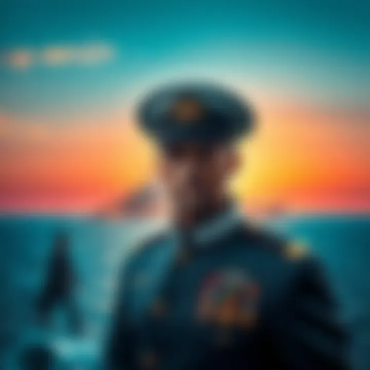A dramatic scene showing an Admiral in a naval uniform approaching Elbaf, with the ocean and island in the background.