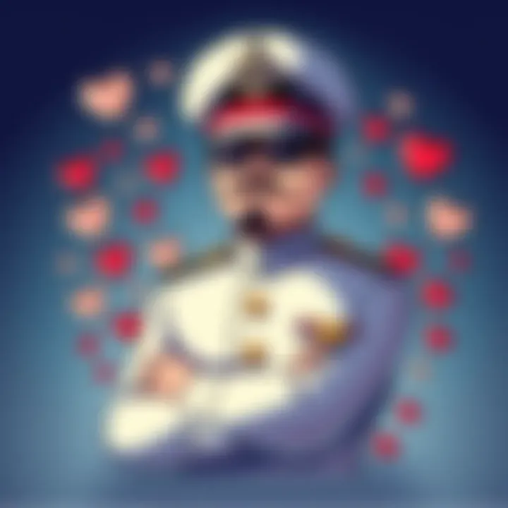 A playful illustration featuring a naval admiral character surrounded by heart symbols and nautical elements, representing a dating simulation game theme.