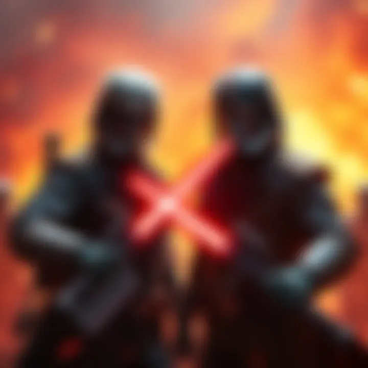 A dramatic scene of the Admiral Killer confronting two Admirals in a fierce battle stance, showcasing their weapons and intense expressions.