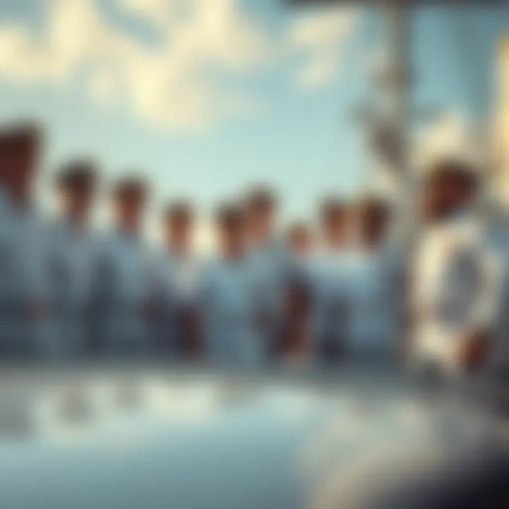 A group of admirals in naval uniforms celebrating on the deck of a ship, showcasing their achievements through hard work.