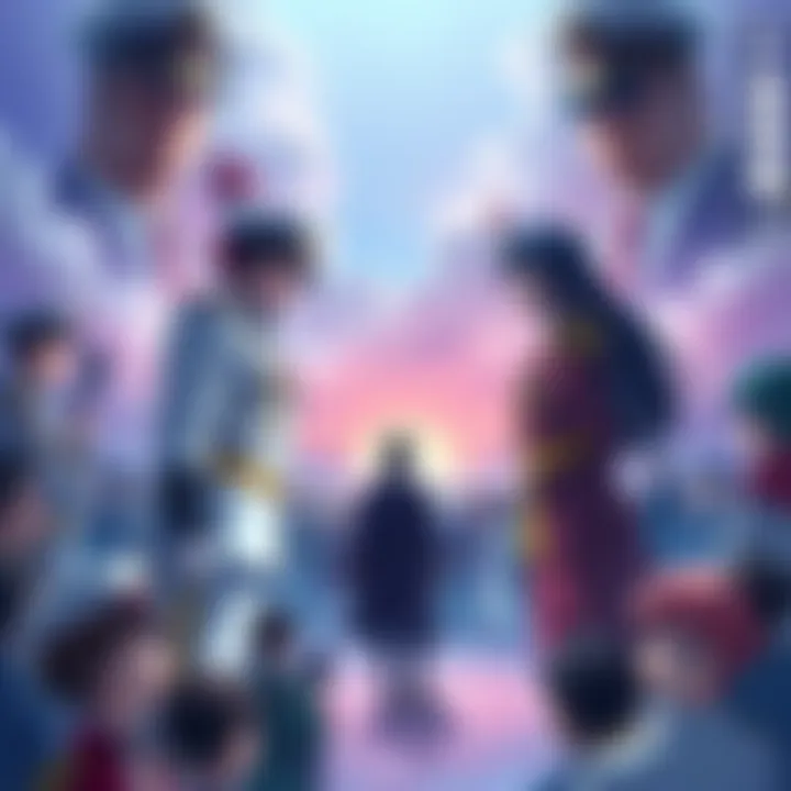 An illustration showing admirals and yonko characters standing on opposite sides, with a crowd discussing their strengths and perceptions.