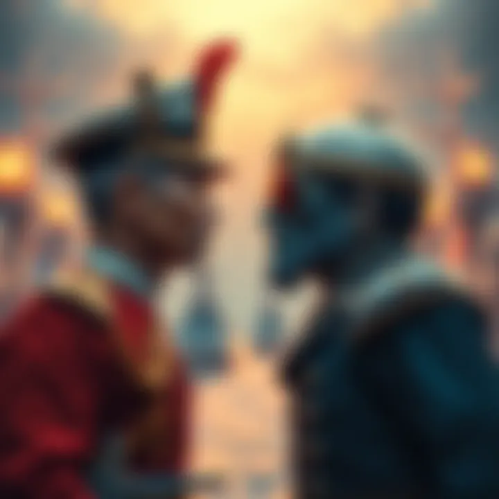 A depiction of an admiral and a yonko facing each other, symbolizing their power struggle and influence in a dramatic setting, with naval ships in the background.