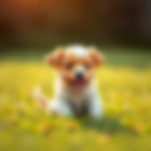 Adorable puppy looking playful A cute puppy with big eyes and a wagging tail, sitting on the grass with a joyful expression, inviting a potential owner to play.