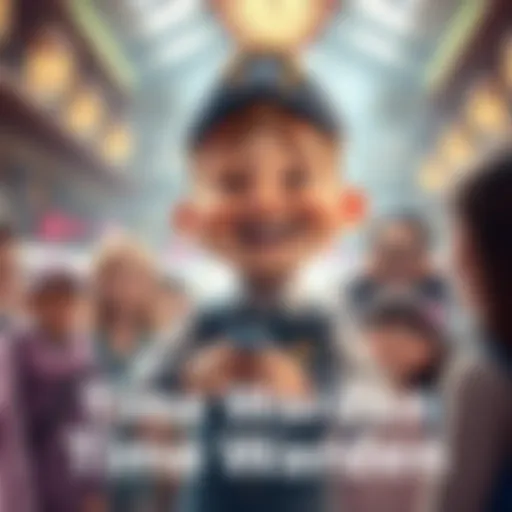 A cheerful Time Warden character with a big smile, surrounded by happy people, spreading joy in the community.